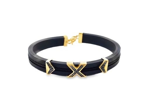 18K Yellow Gold Bracelet with Black Cable, Leather, and Black Stones